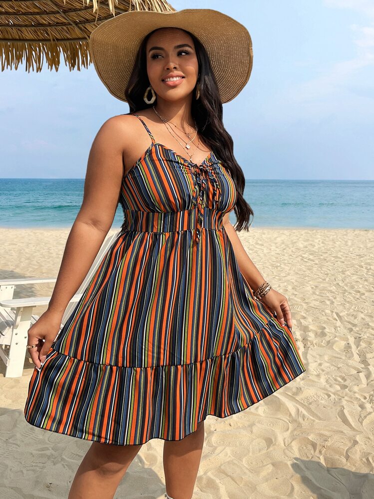 SHEIN Holidaya Plus Striped Print Tie Front Ruffle Hem Cami Dress - Multicolor - View 6