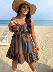 SHEIN Holidaya Vestido de tirantes con estampado de rayas con cordón delantero bajo con fruncido - Multicolor - Ver 7