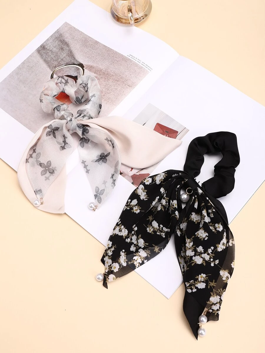 2 piezas Goma de pelo tipo pañuelo con estampado floral - Multicolor - Ver 1