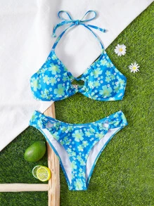 SHEIN Swim 全印花圓環連接夏季海灘比基尼套裝 - 彩色 - 查看 1