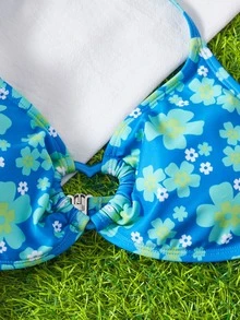 SHEIN Swim 全印花圓環連接夏季海灘比基尼套裝 - 彩色 - 查看 3