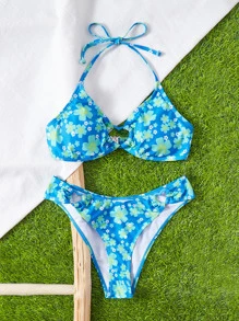 SHEIN Swim 全印花圓環連接夏季海灘比基尼套裝 - 彩色 - 查看 6