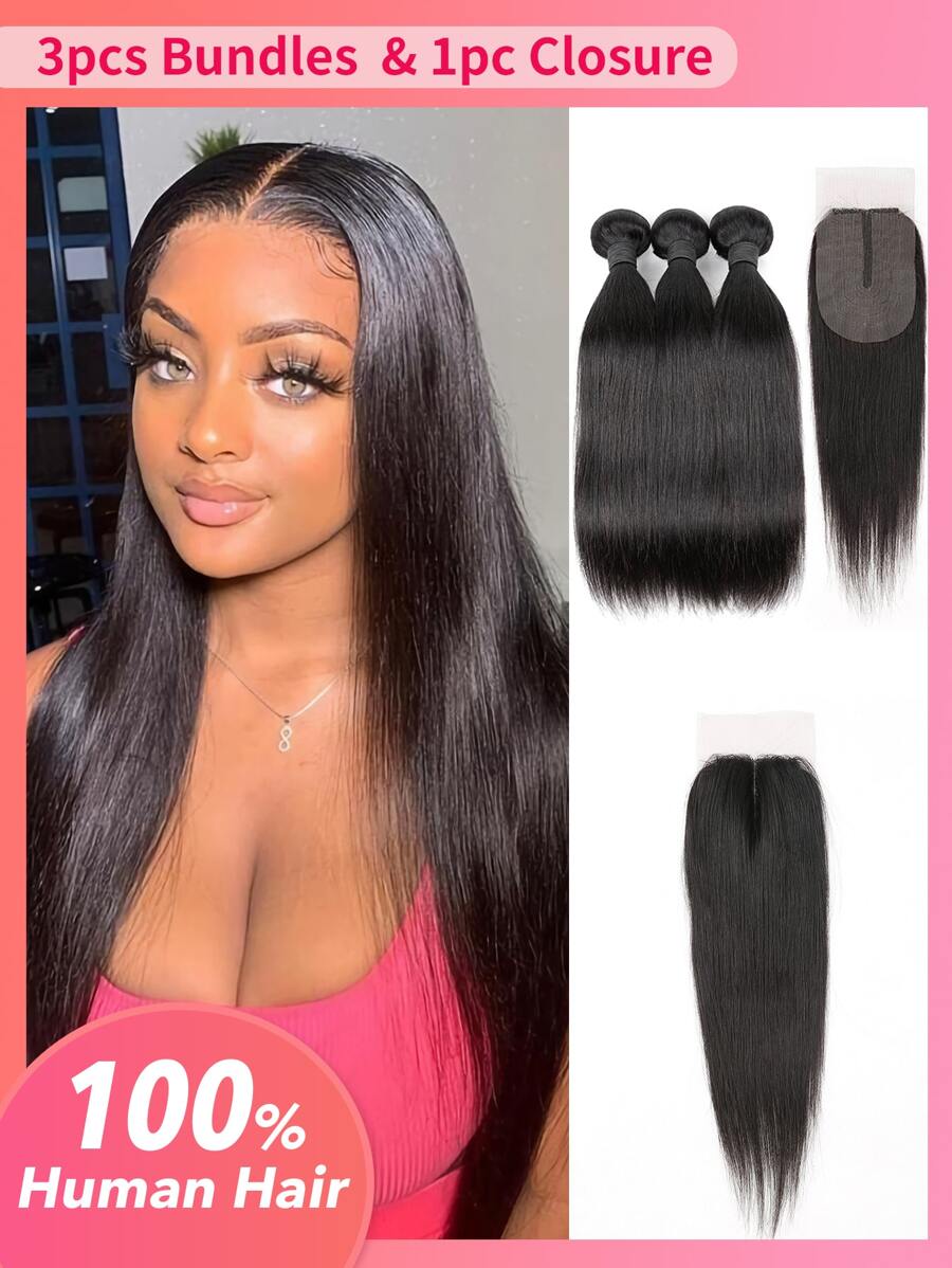 4pcs 2 X 4 Lace Closure Straight Human Hair Bundles With Closure Virgin Hair Extension Closure And 3 Bundles Real Double Weft Hair Weave Cheap Hair Daily Use Natural Black Color - Natural Black - View 1