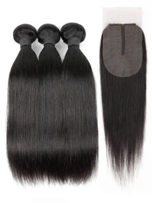 4pcs 2 X 4 Lace Closure Straight Human Hair Bundles With Closure Virgin Hair Extension Closure And 3 Bundles Real Double Weft Hair Weave Cheap Hair Daily Use Natural Black Color - Natural Black - View 2