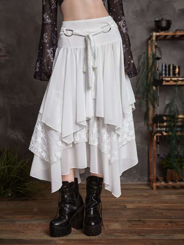 Goth Contrast Lace Asymmetrical Hem Belted Skirt SHEIN UK