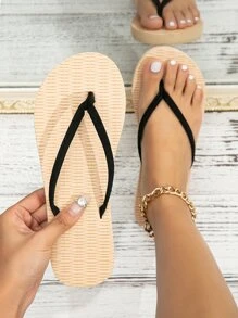 女式趾柱拖鞋滌綸時尚人字拖黑色 - 黑色 - 查看 1