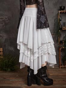 ROMWE Goth 蕾絲拼接不對稱下擺腰帶半身裙