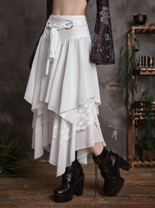 ROMWE Goth 蕾絲拼接不對稱下擺腰帶半身裙