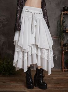 ROMWE Goth 蕾絲拼接不對稱下擺腰帶半身裙