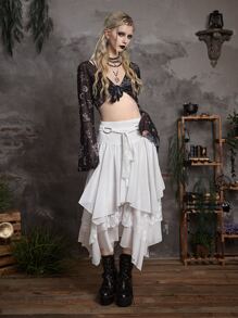 ROMWE Goth 蕾絲拼接不對稱下擺腰帶半身裙