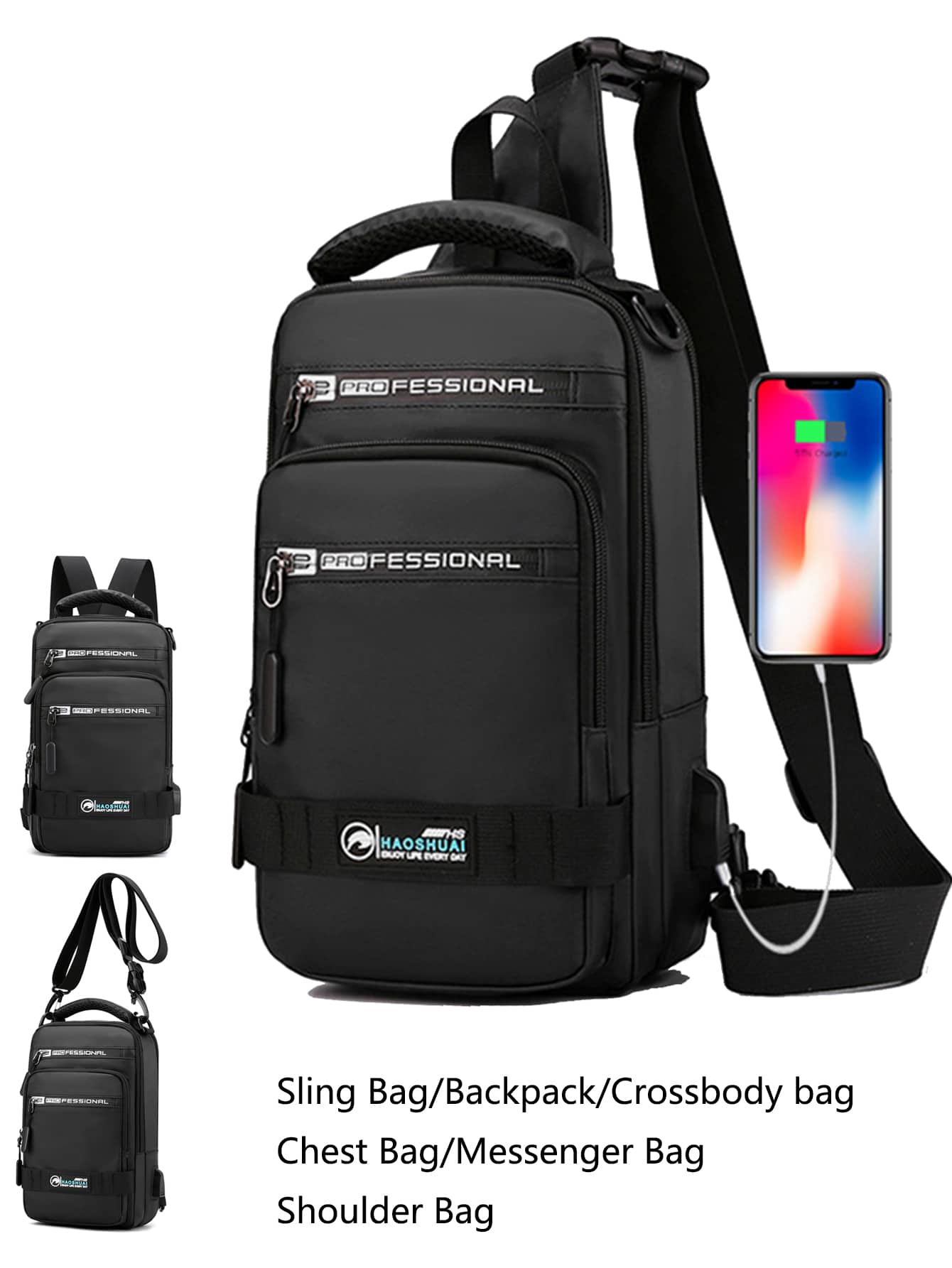 Men Cross Body Sling Chest Bag Backpack With USB Charging Port Travel Climb  Casual Fashion Male Shoulder Messenger Bag 4 USES - Black - View 1