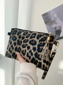 Leopard Tassel Decor Clutch Bag, Leopard Print Bag