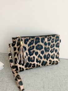 Leopard Tassel Decor Clutch Bag, Leopard Print Bag
