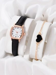 1 Đồng hồ thạch anh với kim vuông và 1 vòng đeo tay - màu đen - Xem 1