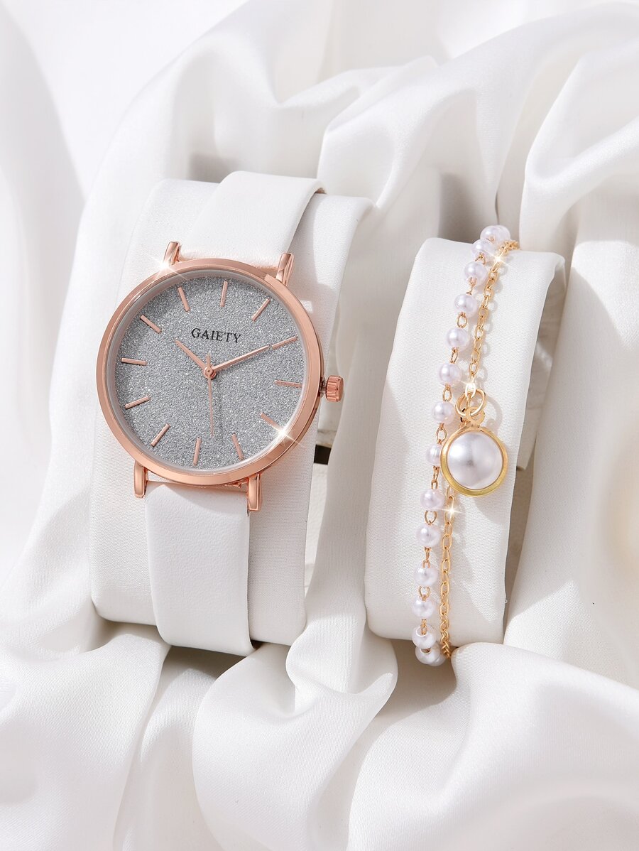 1pc Glitter Round Pointer Quartz Watch & 1pc Bracelet - White - View 1