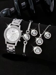 1 pieza con diseño de diamante de imitación Reloj cuarzo & 5 piezas Set joya - Plateado - Ver 1