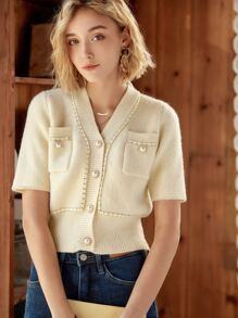 Knit Mix Elegante cárdigan de punto con cuello en V para mujer, suéter francés holgado de manga corta, moda para primavera/otoño, diseño entallado, temporada de vuelta al colegio