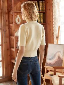 Knit Mix Elegante cárdigan de punto con cuello en V para mujer, suéter francés holgado de manga corta, moda para primavera/otoño, diseño entallado, temporada de vuelta al colegio