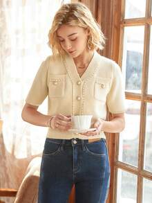 Knit Mix Elegante cárdigan de punto con cuello en V para mujer, suéter francés holgado de manga corta, moda para primavera/otoño, diseño entallado, temporada de vuelta al colegio