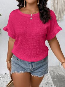 SHEIN LUNE Plus Solid Flounce Sleeve Tee - Hot Pink - View 3