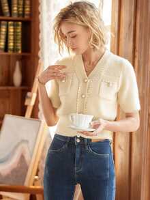 Knit Mix Elegante cárdigan de punto con cuello en V para mujer, suéter francés holgado de manga corta, moda para primavera/otoño, diseño entallado, temporada de vuelta al colegio