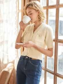 Knit Mix Elegante cárdigan de punto con cuello en V para mujer, suéter francés holgado de manga corta, moda para primavera/otoño, diseño entallado, temporada de vuelta al colegio