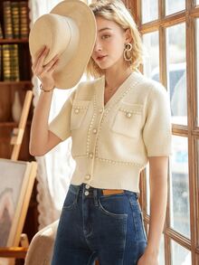 Knit Mix Elegante cárdigan de punto con cuello en V para mujer, suéter francés holgado de manga corta, moda para primavera/otoño, diseño entallado, temporada de vuelta al colegio