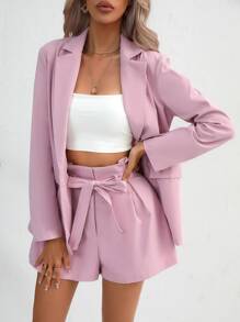 SHEIN Essnce Solid Lapel Neck Blazer & Paperbag Waist Shorts In Fall/Winter - Baby Pink - View 3