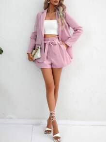 SHEIN Essnce Solid Lapel Neck Blazer & Paperbag Waist Shorts In Fall/Winter - Baby Pink - View 4