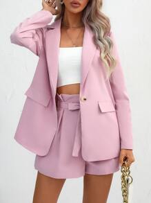 SHEIN Essnce Solid Lapel Neck Blazer & Paperbag Waist Shorts In Fall/Winter - Baby Pink - View 5