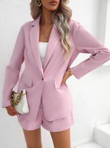 SHEIN Essnce Solid Lapel Neck Blazer & Paperbag Waist Shorts In Fall/Winter - Baby Pink - View 6