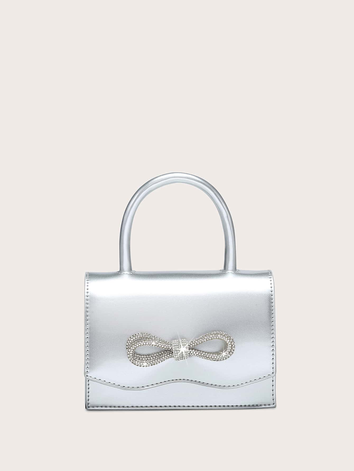 閃爍PU皮製聚會手提包，配飾鑲嵌水晶蝴蝶結裝飾的手拿包兼斜背包 - 銀色 - 查看 1