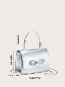 閃爍PU皮製聚會手提包，配飾鑲嵌水晶蝴蝶結裝飾的手拿包兼斜背包 - 銀色 - 查看 7