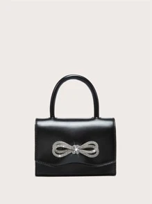 Glittery Patent Leather Party Handbag With Rhinestone Bowknot Design, Can Be Used As Shoulder Or Crossbody Bag - Black - View 1