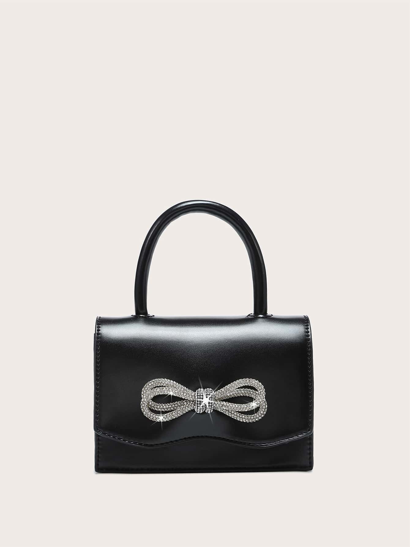 Glittery Patent Leather Party Handbag With Rhinestone Bowknot Design, Can Be Used As Shoulder Or Crossbody Bag - Black - View 1