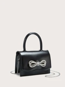 Glittery Patent Leather Party Handbag With Rhinestone Bowknot Design, Can Be Used As Shoulder Or Crossbody Bag - Black - View 2