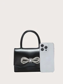 Glittery Patent Leather Party Handbag With Rhinestone Bowknot Design, Can Be Used As Shoulder Or Crossbody Bag - Black - View 4
