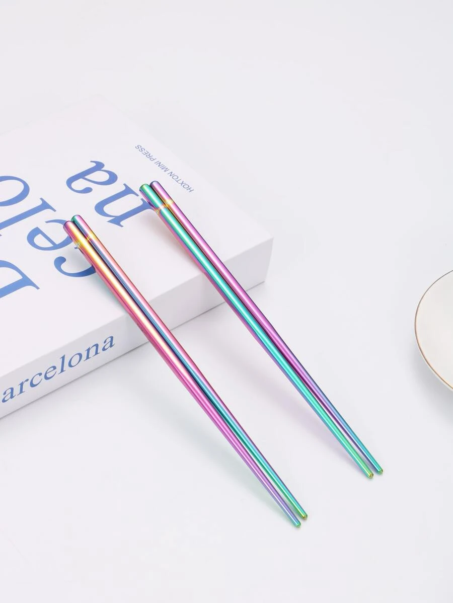 2pcs Stainless Steel Chopstick, Reusable Holographic Chopstick For Household - Multicolor - View 1