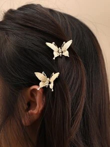 2入組女士人造珍珠裝飾蝴蝶設計時尚髮爪適用於頭髮裝飾用品