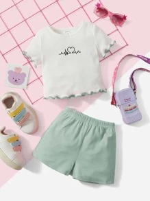 SHEIN Baby Girl Heartbeat & Heart Print Lettuce Trim Tee & Shorts For Valentine's Day - Mint Green - View 1