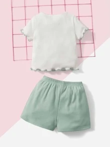 SHEIN Baby Girl Heartbeat & Heart Print Lettuce Trim Tee & Shorts For Valentine's Day - Mint Green - View 2