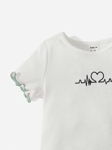 SHEIN Baby Girl Heartbeat & Heart Print Lettuce Trim Tee & Shorts For Valentine's Day - Mint Green - View 3