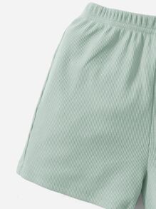 SHEIN Baby Girl Heartbeat & Heart Print Lettuce Trim Tee & Shorts For Valentine's Day - Mint Green - View 4