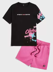 Manfinity RebelGame Men Slogan Graphic Tee & Drawstring Waist Shorts - Pink - View 1