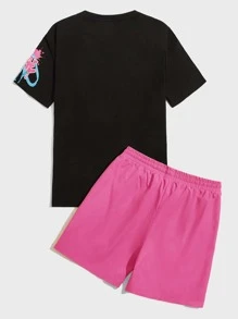 Manfinity RebelGame Men Slogan Graphic Tee & Drawstring Waist Shorts - Pink - View 2