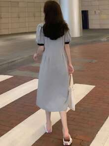 Vestido unido en contraste de manga farol - Gris - Ver 2