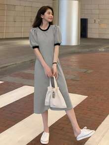 Vestido unido en contraste de manga farol - Gris - Ver 3