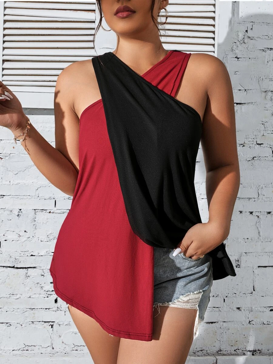 SHEIN Clasi Plus Two Tone Asymmetrical Hem Tank Top - Multicolor - View 1