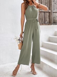 SHEIN Frenchy Áo liền quần nữ Thắt lưng Buộc lại màu trơn Giải trí - màu xanh lá - Xem 3