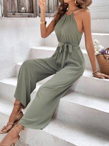 SHEIN Frenchy Áo liền quần nữ Thắt lưng Buộc lại màu trơn Giải trí - màu xanh lá - Xem 4